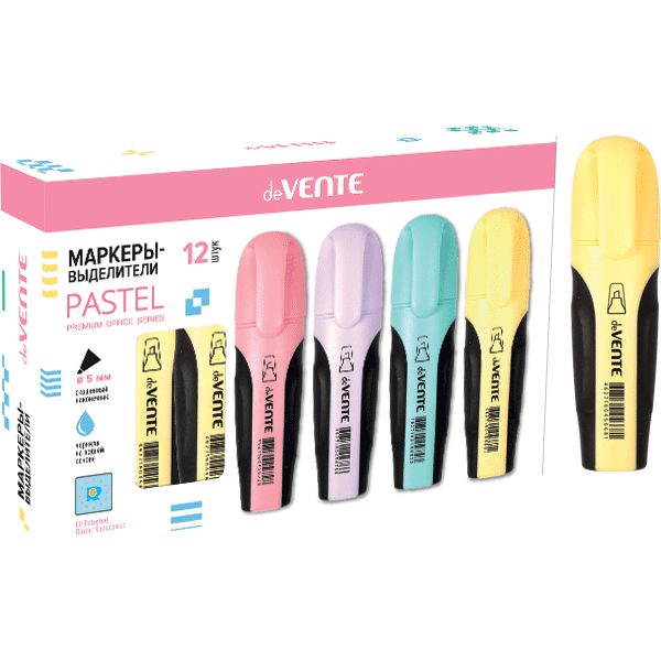 Текстмаркер желтый, пастельный, ШЛ 1-5 мм, н-к "клин", эрг. корпус, deVENTE Pastel  Акция!