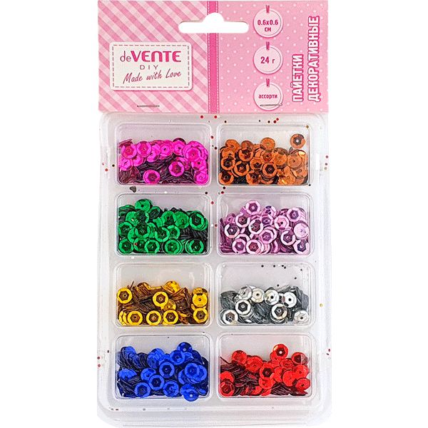 Пайетки круглые Ø6 мм, 24 г, 8 цветов, deVENTE Metallic (в п/футляре) Акция!