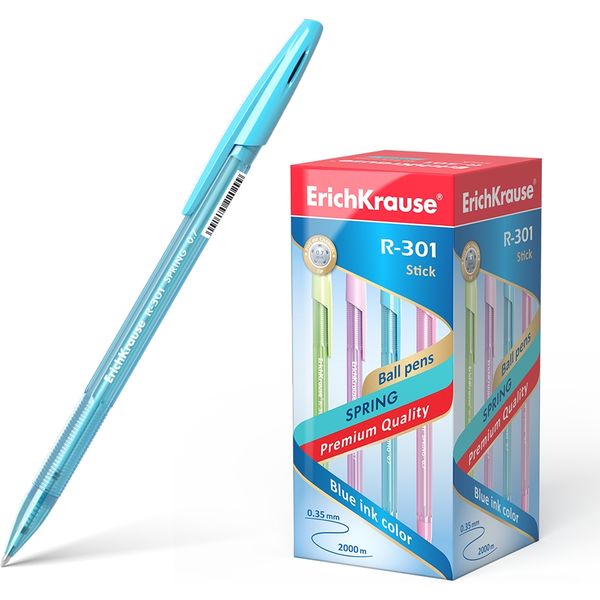Ручка шариковая синяя, 0.7 мм, рифл. грип, ErichKrause R-301 Stick Spring_4 дизайна Ручка шариковая синяя, 0.7 мм, рифл. грип, ErichKrause R-301 Stick Spring_4 дизайна