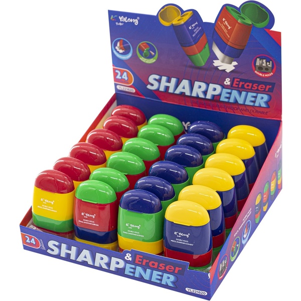 Точилка пластиковая, 2 отв. (Ø8 и Ø11 мм), контейнер, ластик, Yalong Светофор_4 дизайна