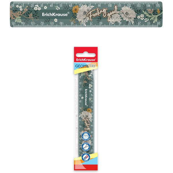 Линейка 15 см, пластиковая, непрозрачная с дизайном, зеленая, ErichKrause Natural Life Акция!