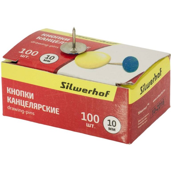 Кнопки металлические Silwerhof, 100 шт., плакированые, цвет: ассорти, длина иглы 10 мм, D10 мм, к/к Кнопки металлические Silwerhof, 100 шт., плакированые, цвет: ассорти, длина иглы 10 мм, D10 мм, к/к