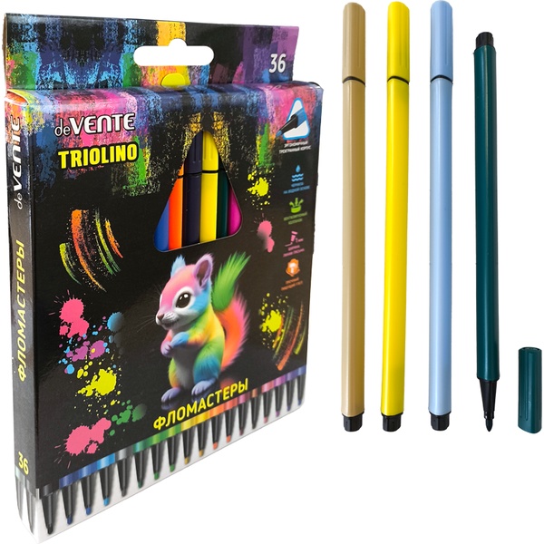 Фломастеры 36 цветов, чернила в/о, вент. колпачок, трехгранные, ШЛ 1 мм, deVENTE Triolino (к/к)