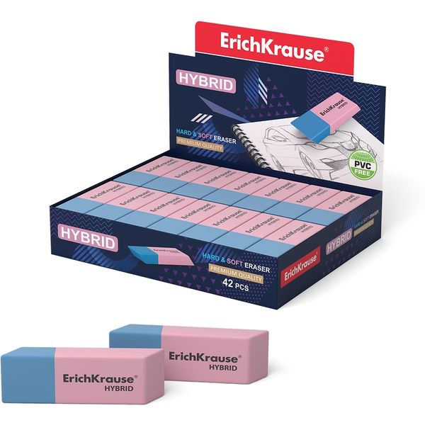 Ластик ErichKrause Hybrid (комбинированный), TPR, скошенный, 57*18*8 мм, розово-синий 