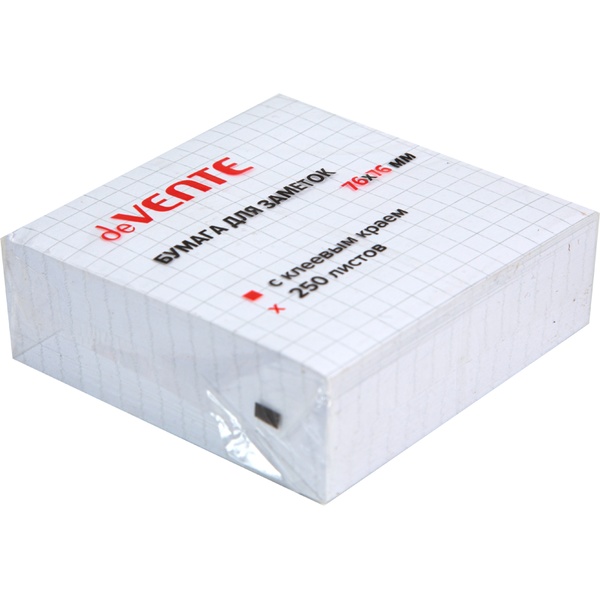 Бумага для заметок с клеевым краем, 76*76 мм, 250 л., 75 г/м², белая в клетку, deVENTE  Акция!