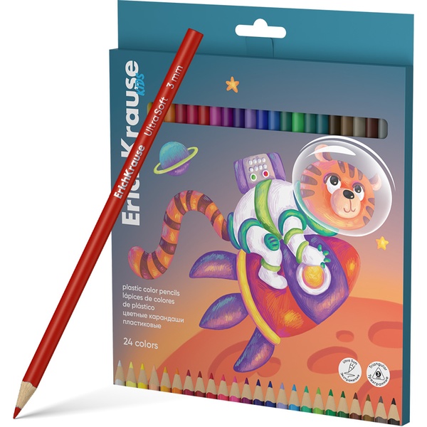 Карандаши цветные 24 шт., пластиковые, трехгранные, ErichKrause Kids Space Animals (в к/к) Карандаши цветные 24 шт., пластиковые, трехгранные, ErichKrause Kids Space Animals (в к/к)