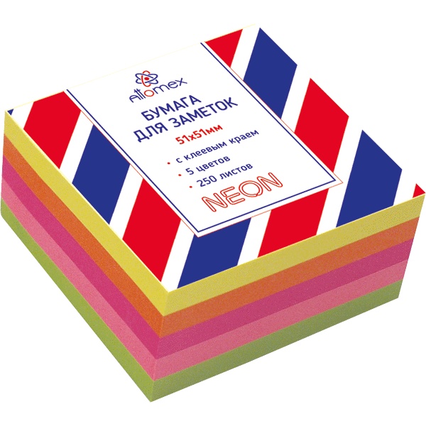 Бумага для заметок с клеевым краем, 51*51 мм, 250 л., 75 г/м², неоновая, 5 цветов, Attomex