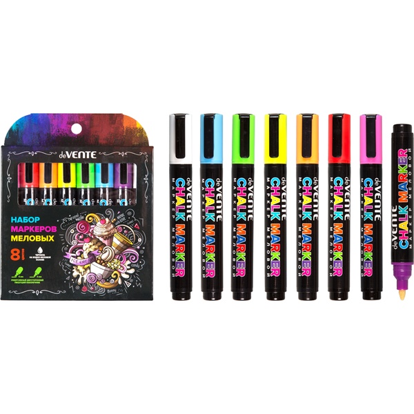 Маркеры меловые, набор 8 цветов, пулевид./скошен н-к, ш/л 3-5 мм, deVENTE Chalk Creative Маркеры меловые, набор 8 цветов, пулевид./скошен н-к, ш/л 3-5 мм, deVENTE Chalk Creative