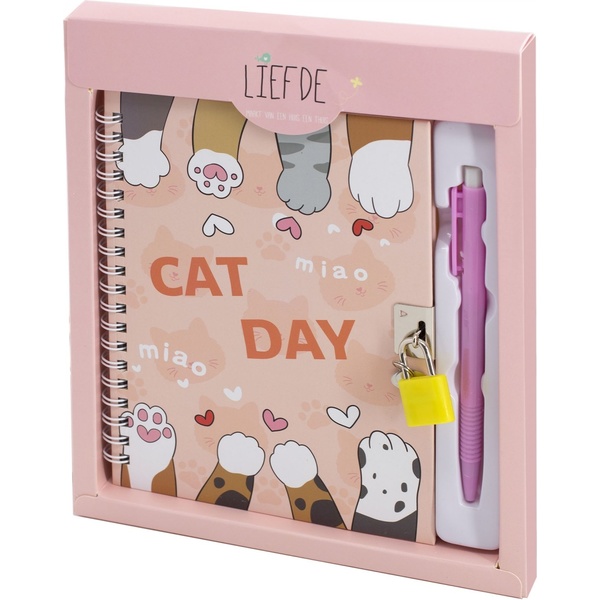 Блокнот с замочком + авторучка в подар. упак. (А5, 45 л., линия, 7БЦ, гребень) Alingar Лапки/ Персиковый