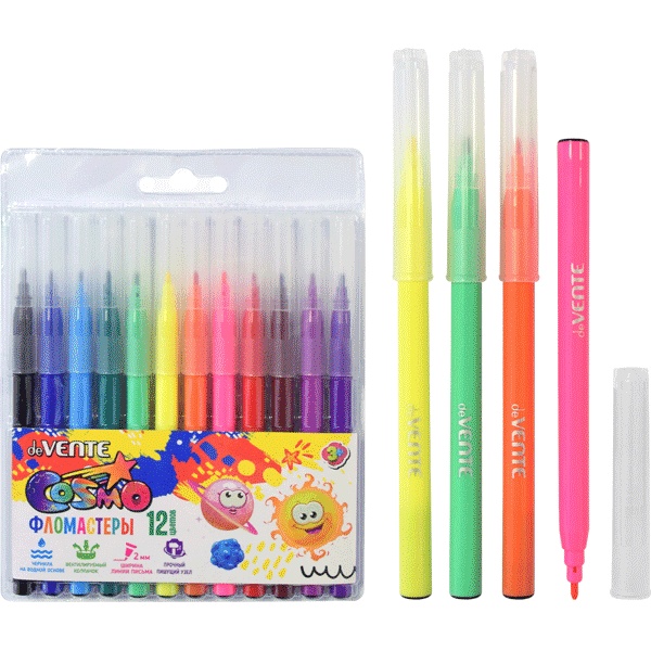 Фломастеры 12 цветов, чернила в/о, пр. вент. колпачок, круг. корп., ШЛ 2 мм, deVENTE Cosmo (пвх)