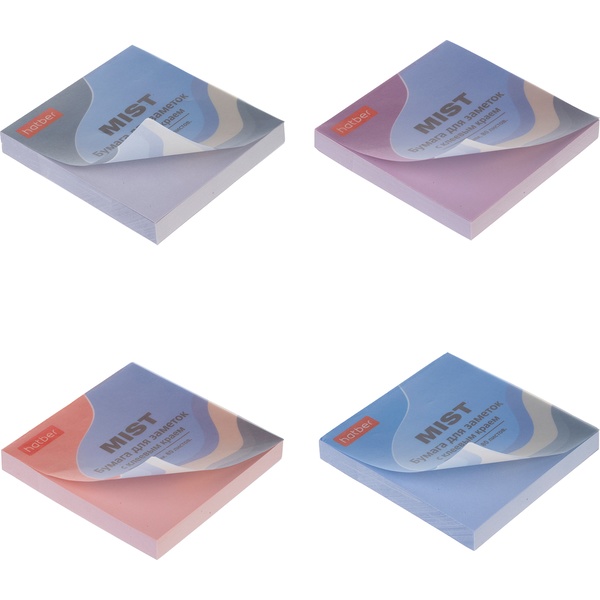 Бумага для заметок с клеевым краем, 75*75 мм, 80 л., пастельная, 4 цвета, HATBER Mist
