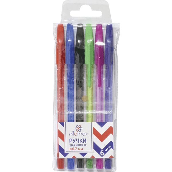 Ручки шариковые, набор 6 шт./6 цв., Ø 0.7 мм, лин. 0.5 мм, рифл. упор, тон. корп., Attomex