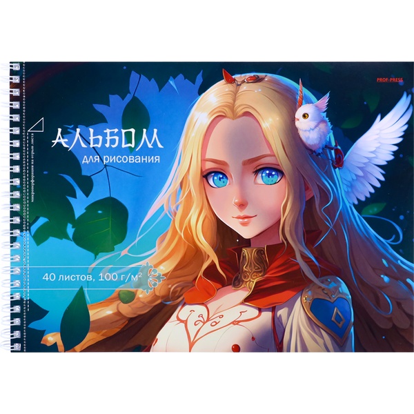 Альбом для рисования А4, 40 л., гребень, 100 г/м², отрыв. перф., Prof-Pres Девушка с птичкой