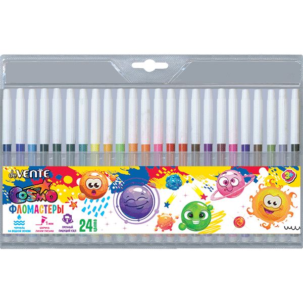 Фломастеры 24 цвета deVENTE Cosmo, круглые, чернила на в/о, ШЛ 1.0 мм, бел. вент. колпачок, пвх уп.