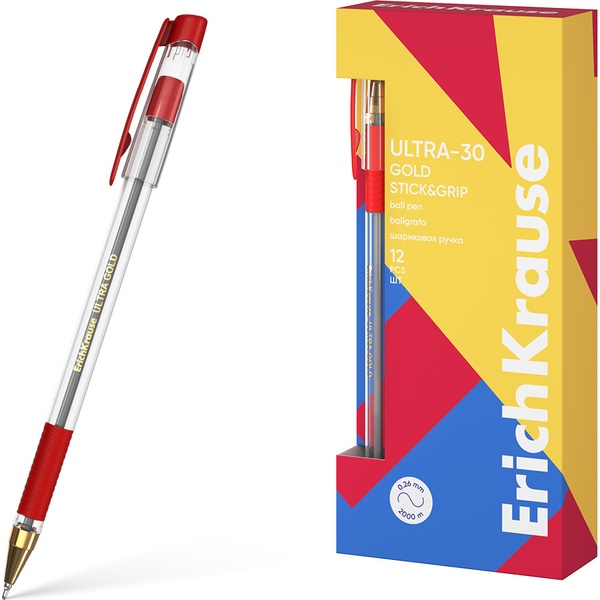 Ручка шариковая красная, 0.7 мм "игла", эрг. грип, метал. н-к, ErichKrause U-30 Gold Stick&Grip Classic