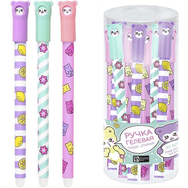 Ручка "пиши-стирай" гелевая, синяя, 0.5 мм, soft touch, Феникс+ Мишутки (3 дизайна) Акция!