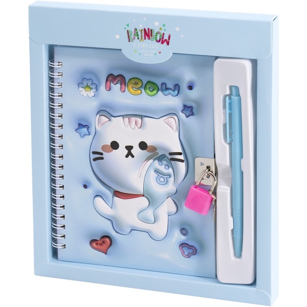 Блокнот с замочком + ручка в подар. упак. (А6, 45 л., клетка, 3D-обл., гребень) Alingar Котик/ Голубой