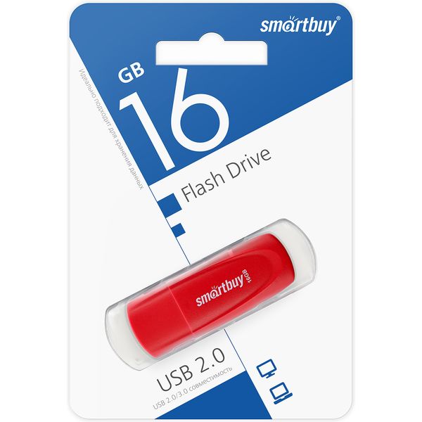 Флеш-накопитель USB 2.0, 16 ГБ, Smartbuy Scout Red/красный
