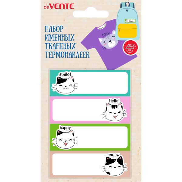 Термонаклейки ИМЕННЫЕ (для текстильных изделий) deVENTE Sweet Cats, 8 шт., 60*20 мм