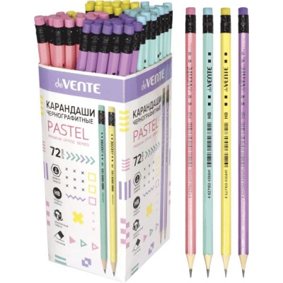 Карандаш чернографитный с ластиком, HB, деревянный, шестигранный, 4 цвета, deVENTE Pastel