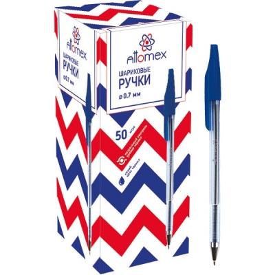 Ручка шариковая синяя, 0.7 мм, рифл. упор, метал. н-к, Attomex (Crystal)