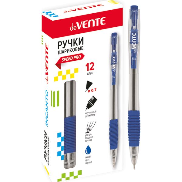 Ручка шариковая автомат., синяя, Ø 0.7 мм "игла", прозр. корп., эрг. грип, speed pro, deVENTE Incanto  Акция!