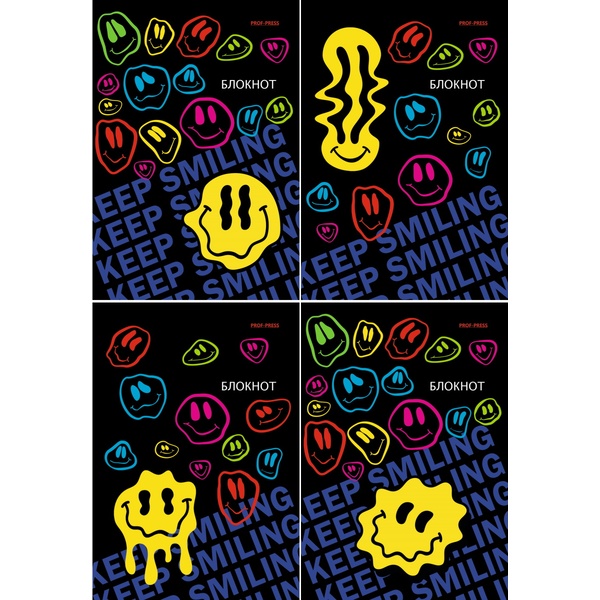Блокнот на скобе А6, 24 л., клетка, 60 г/м², Prof-Press Crazy smiley_4 дизайна Акция