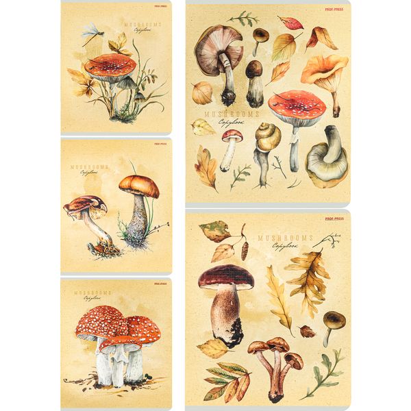 Тетрадь А5, клетка, 48 л., на скобе, 60 г/м², тисн. "лен", с/уг, Prof-Press Лесные грибы_5 дизайнов