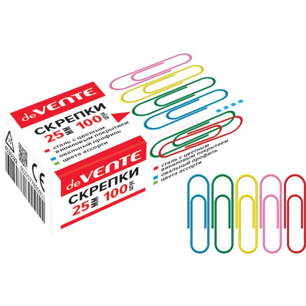 Скрепки 25 мм, цветные, овальные, 100 шт., к/к, deVENTE