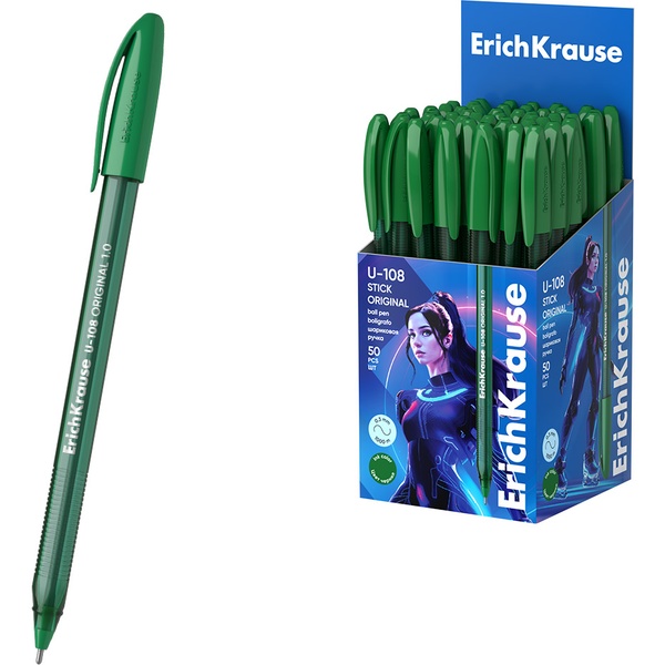 Ручка шариковая зеленая, 1.0 мм "игла", рифл. упор, тон. корп., ErichKrause U-108 Stick Original