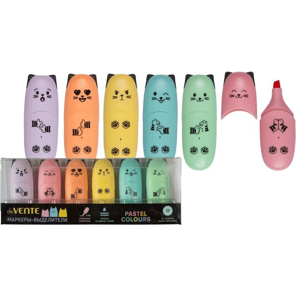 Текстмаркеры мини 6 цветов, пастельные, ШЛ 1-5 мм, н-к "клин", deVENTE Kitty