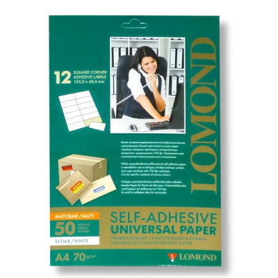 Бумага самоклеящаяся, 105*48 мм, 12 шт./А4, матовая, белая, 70 г/м², 50 л., LOMOND Универсальная