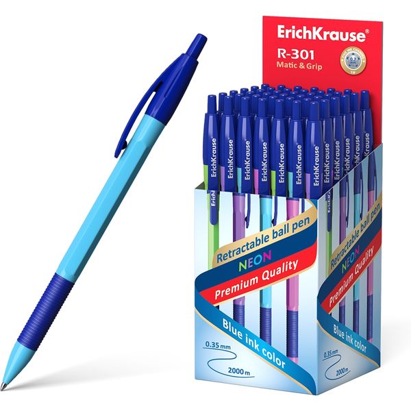 Ручка шариковая автомат., синяя, 0.7 мм, рифл. грип, ErichKrause R-301 Matic&Grip Neon_4 дизайна