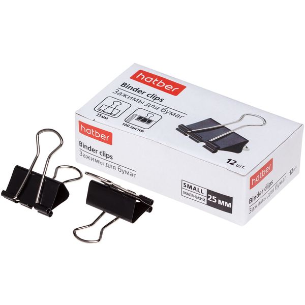 Зажимы для бумаг 25 мм, 12 шт., черные Hatber