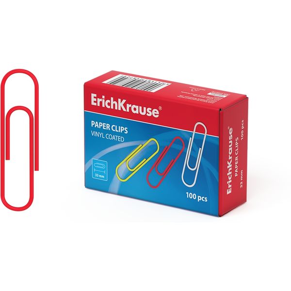Скрепки 33 мм, цветные, овальные, 100 шт., к/к, ErichKrause