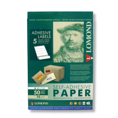 Бумага самоклеящаяся, 210*57 мм, 5 шт./А4, матовая, белая, 70 г/м², 50 л., LOMOND Универсальная