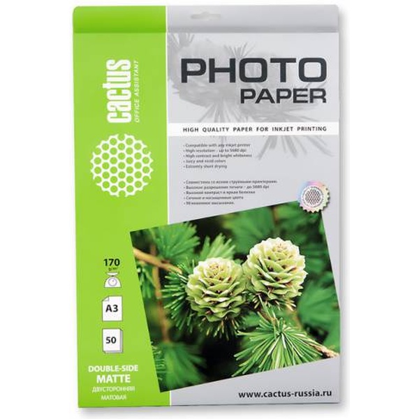 Фотобумага Cactus A3/170г/м2/50л./белый матовое/матовое для струйной печати Фотобумага Cactus A3/170г/м2/50л./белый матовое/матовое для струйной печати