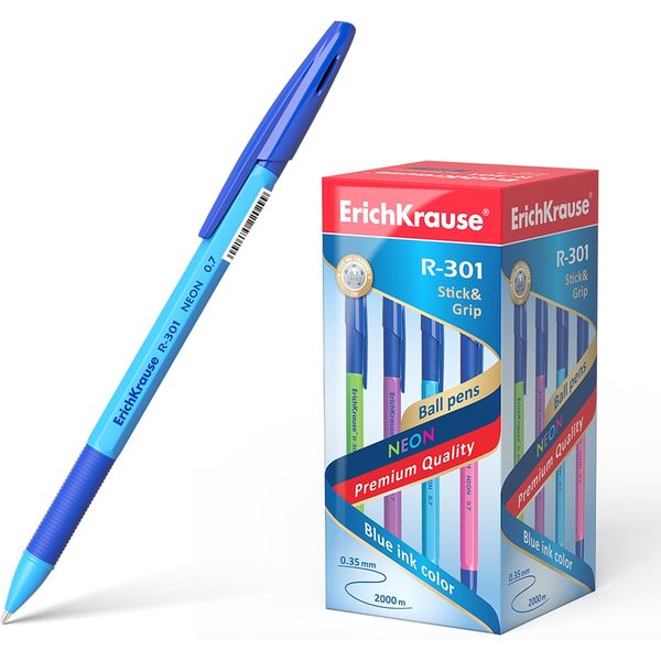 Ручка шариковая синяя, 0.7 мм, эрг. грип, ErichKrause R-301 Stick&Grip Neon_4 дизайна Ручка шариковая синяя, 0.7 мм, эрг. грип, ErichKrause R-301 Stick&Grip Neon_4 дизайна