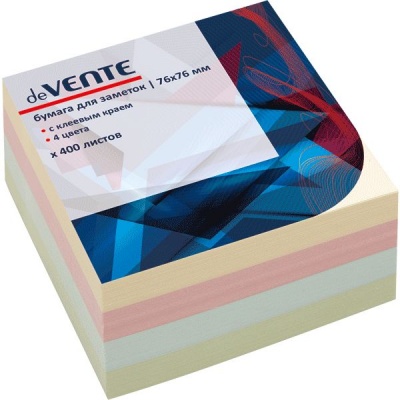 Бумага для заметок с клеевым краем, 76*76 мм, 400 л., 75 г/м2, пастельная, 4 цвета, deVENTE  Акция!