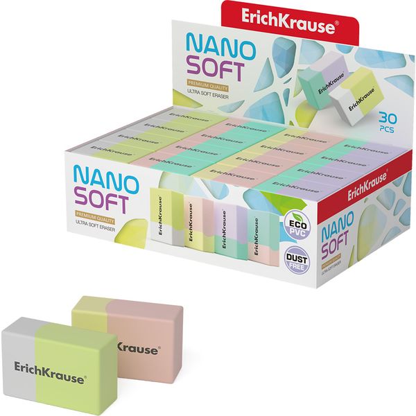 Ластик ErichKrause Nano Soft, Eco-PVC (Dust free), прямоугольный, 33*22*13 мм, 4 дизайна