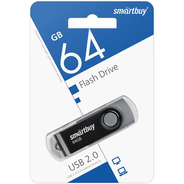 Флеш-накопитель USB 2.0, 64 ГБ, Smartbuy Twist_черный Флеш-накопитель USB 2.0, 64 ГБ, Smartbuy Twist_черный