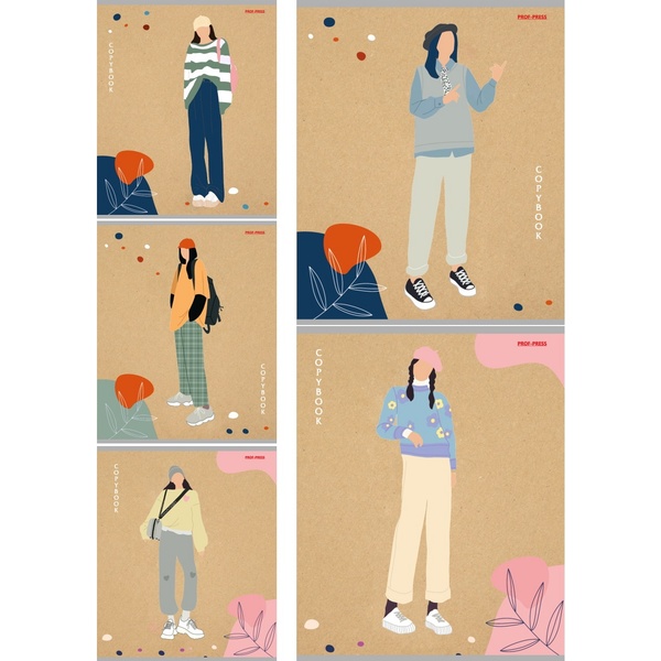 Тетрадь А5, клетка, 48 л., на скобе, 60 г/м², крафт-картон, Prof-Press Наряды модниц_5 дизайнов 