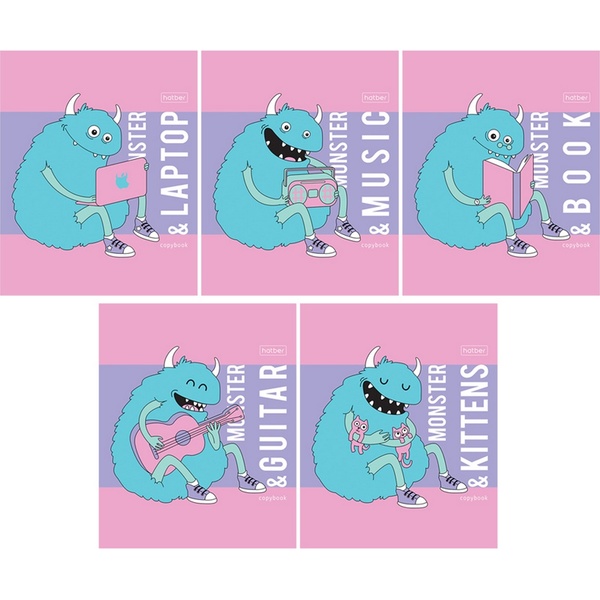 Тетрадь А5, клетка, 48 л., на скобе, 60 г/м², Hatber Милый монстрик_5 дизайнов  Акция!