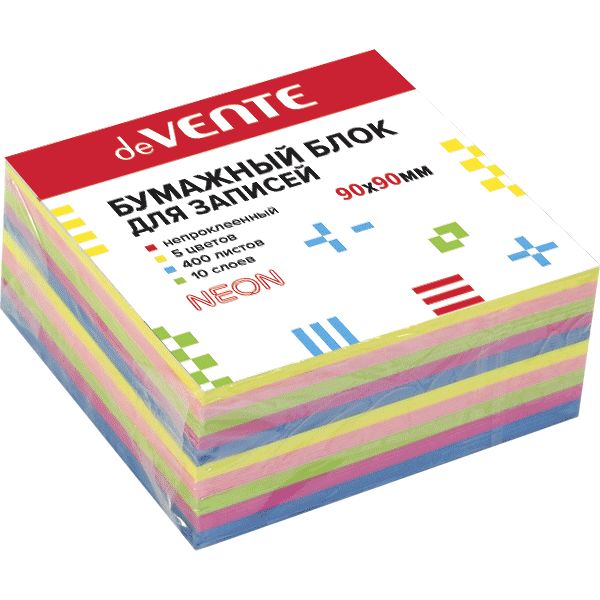 Бумага для заметок, 9*9 см, 400 л., без склейки, 80 г/м², неоновая, 5 цветов, deVENTE