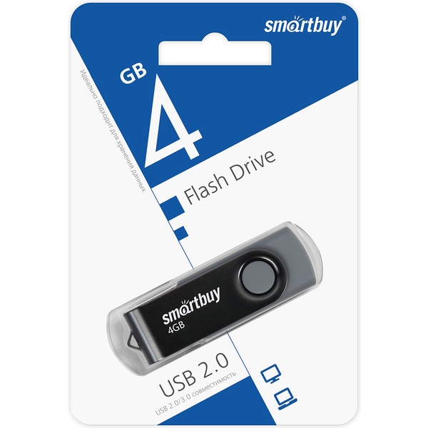 Флеш-накопитель USB 2.0, 4 ГБ, Smartbuy Twist/ Черно-серый