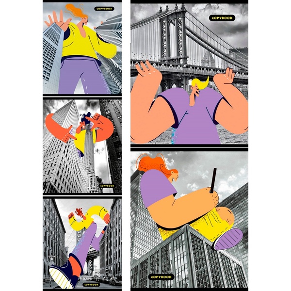 Тетрадь А5, клетка, 48 л., на скобе, 60 г/м², неон. отделка 6+0, Collezione Великан в мегаполисе_5 дизайнов