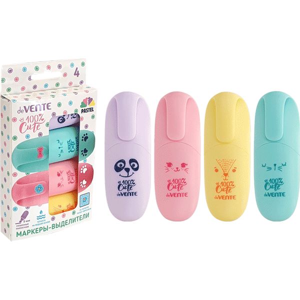 Текстмаркеры мини 4 цвета, пастельные, ШЛ 1-5 мм, н-к "клин", deVENTE 100% Cute  Акция!