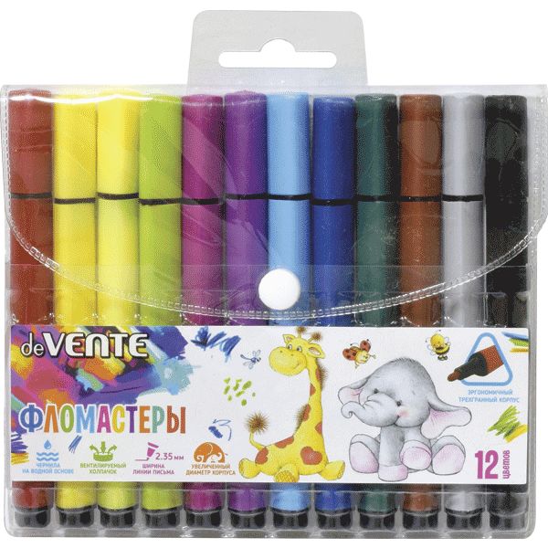 Фломастеры 12 цветов, чернила в/о, вент. колпачок, трехгранные Jumbo, ШЛ 2.35 мм, deVENTE (пвх)