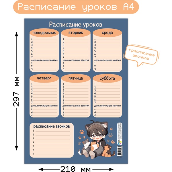 Расписание уроков А4, мел. бумага 200 г/м2, КВАДРА Аниме Расписание уроков А4, мел. бумага 200 г/м2, КВАДРА Аниме