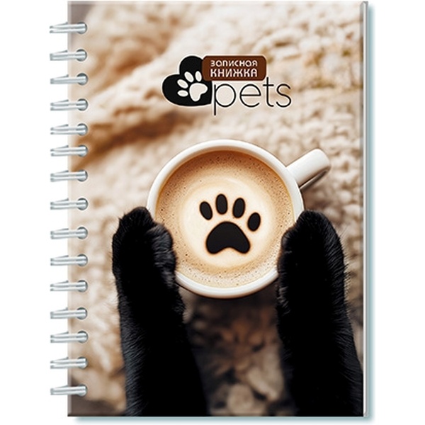 Блокнот на гребне А6, 100 л., клетка, 60 г/м², обл. 7БЦ, глянц. лам., PLANO Кошачьи лапки